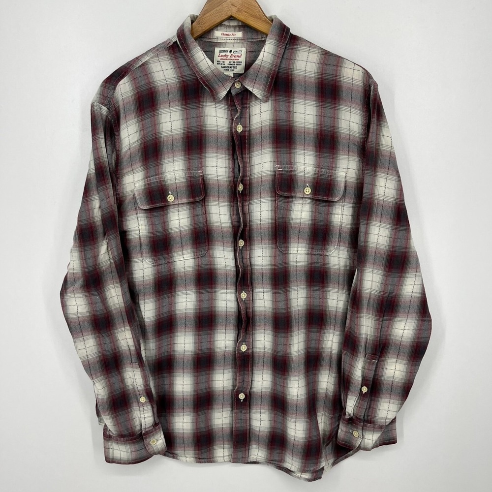 Lucky Brand Long Sleeve Button Shirt Men's Size XL Red Gray Plaid Print‎ Cotton